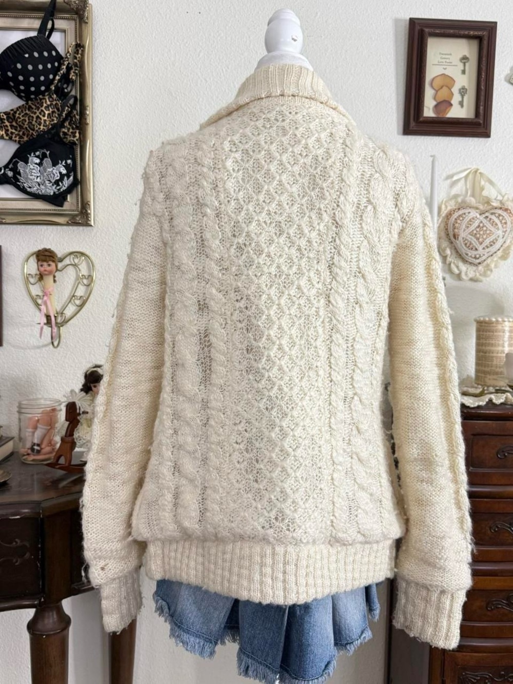 Y2k cozy fairy couchette cream knit cardigan w soft sherpa interior - Picture 5 of 8